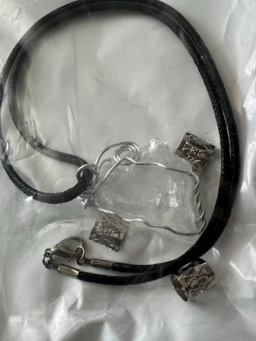 Silver Tone White Clear Pendant Necklace Crystal on Black Cord